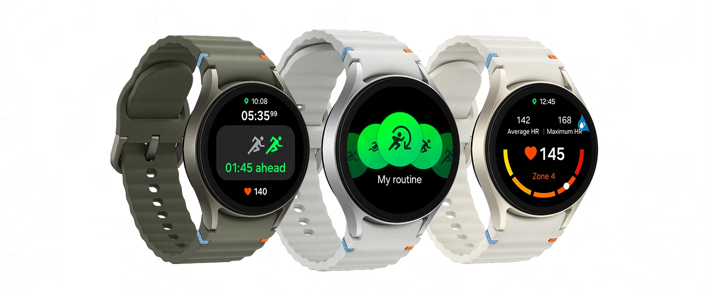 Three Galaxy Watch7 devices with different bands are lined up each displaying different features: Race with a text '01:45 ahead', exercise list and Personalized HR Zone with a Water Lock mode button.